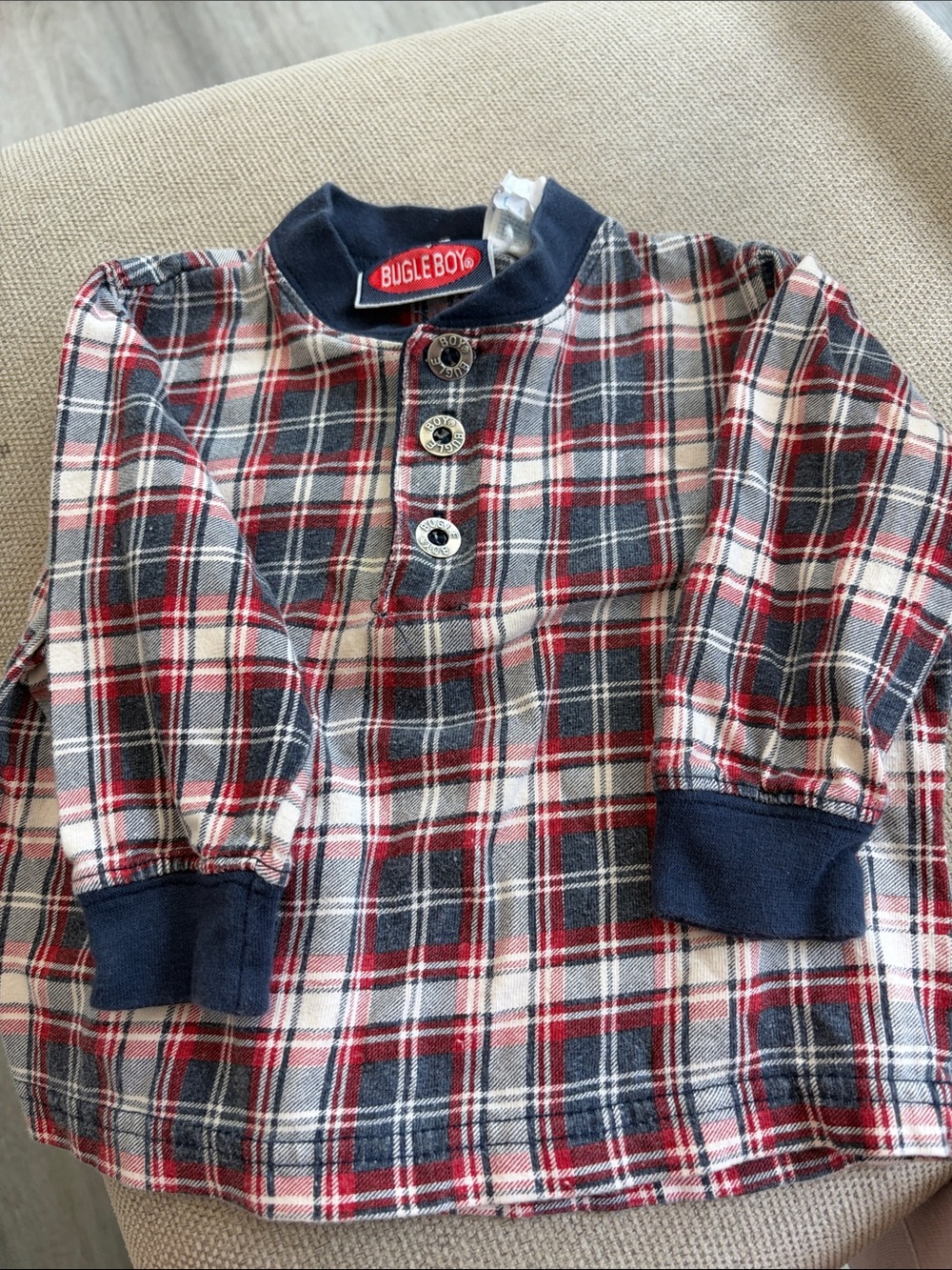 Vintage Bugle Boy Red, Navy & White Plaid Button-Up Kids Shirt
